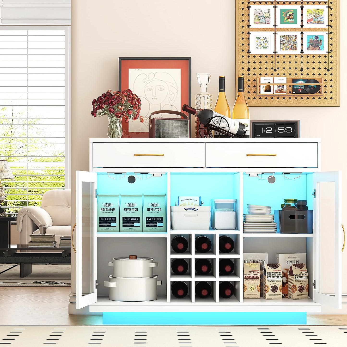 knoworld Wine Bar Cabinet with LED Lights, Liquor Cabinet with Wine and Glass Rack, Wine Cabinet Coffee Bar Cabinets, Kitchen Buffet Sideboard with Storage for Living Room, Dining Room