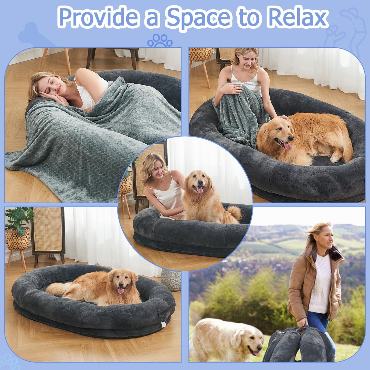 Human Dog Bed,72"x48"x10" Large Gaint Shared Bed for Adult - Flufelbed Standard Cloud Bed for Humans and Dogs - Nap Bed Bean Bag Bed Faux Fur Fluffy Orthopedic Pet Sleeping Bed - Large Charcoal