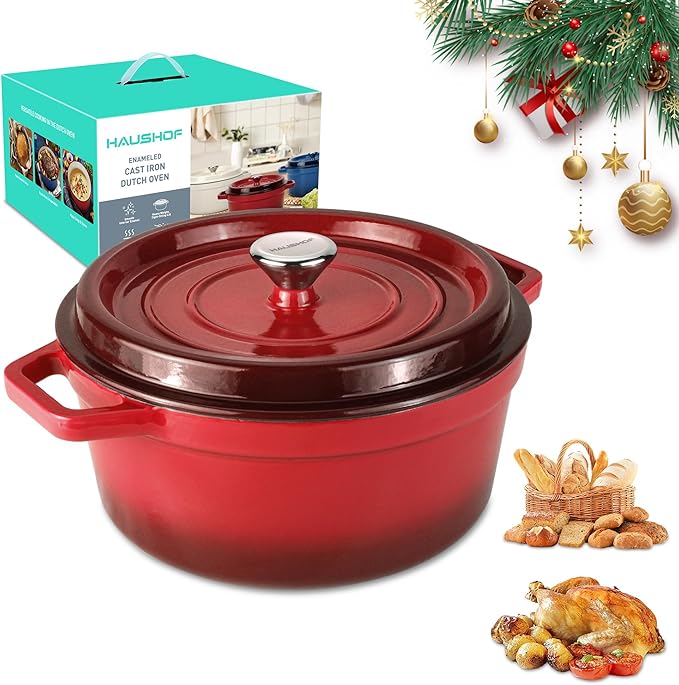 HAUSHOF 5.3QT Enameled Cast Iron Dutch Oven with Lid, Non-Stick Pot for Sourdough Bread Baking, Stewing, Rosting, Island Spice Red
