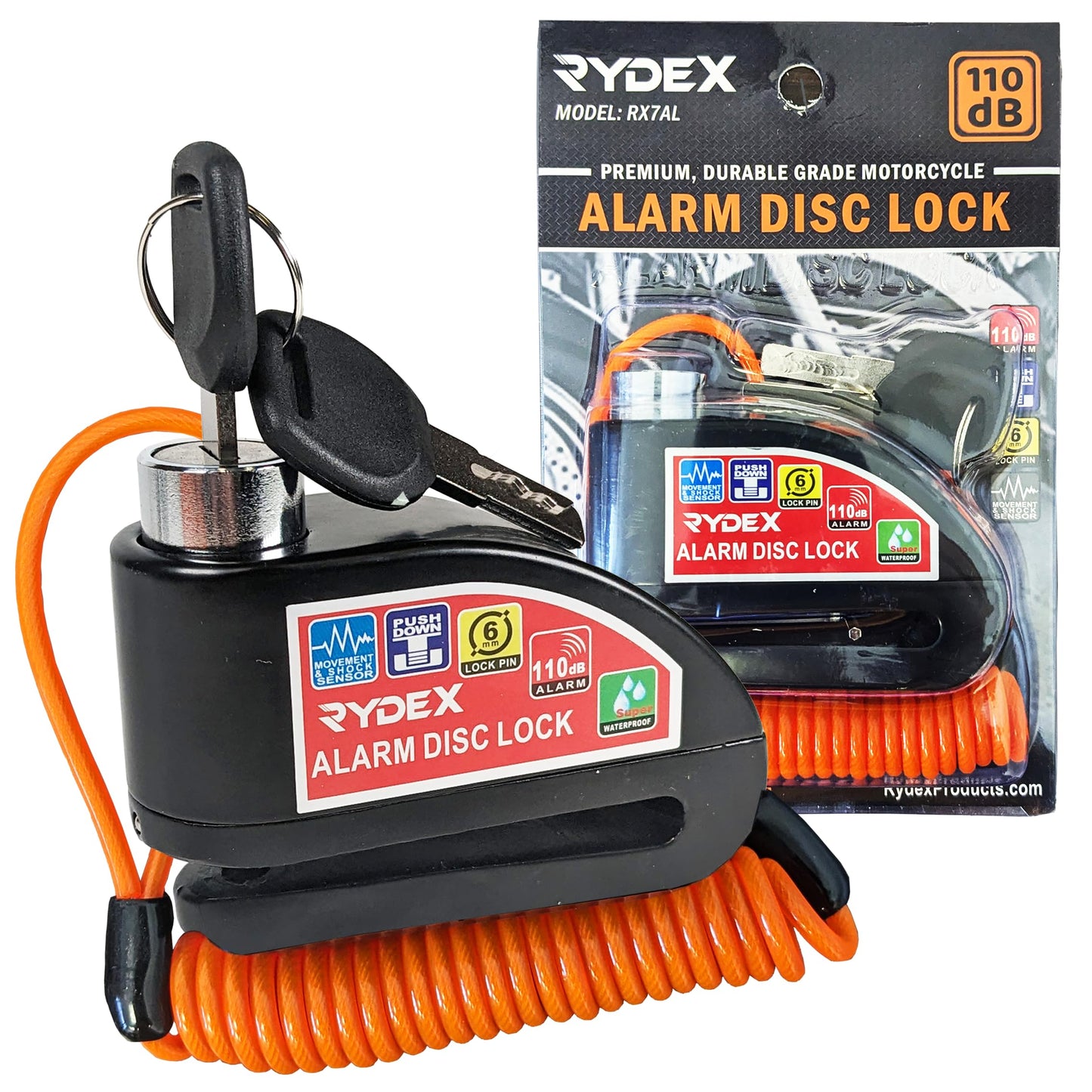 Rydex X7 Motorcycle Alarm Disc Lock 110 db, Bicycles Waterproof Tamperproof, Heavy Duty Anti Theft Security Motorcycle Alarm with 2 Keys and Reminder Cable (Black) -Like New