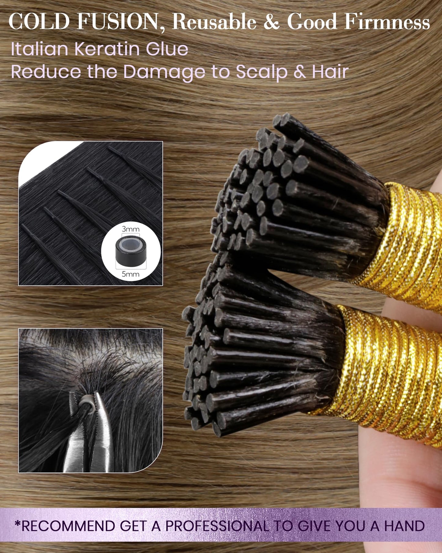 LaaVoo Itip Human Hair Extensions Balayage Brown I Tip Hair Extensions Medium Brown Ombre Light Brown to Golden Brown 18 50g 60s