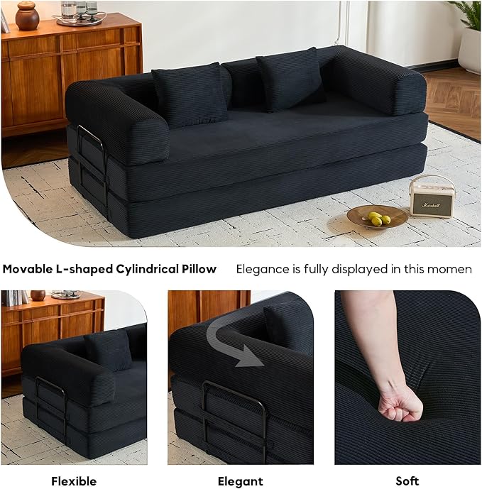 ZEIINPA Convertible Sleeper Sofa Bed with Fixed-Shape Frame, Corduroy Folding Boneless Couch with Cylindrical Pillow, Comfy Floor Sofa Couch for Living Room, No Assembly Required, Black