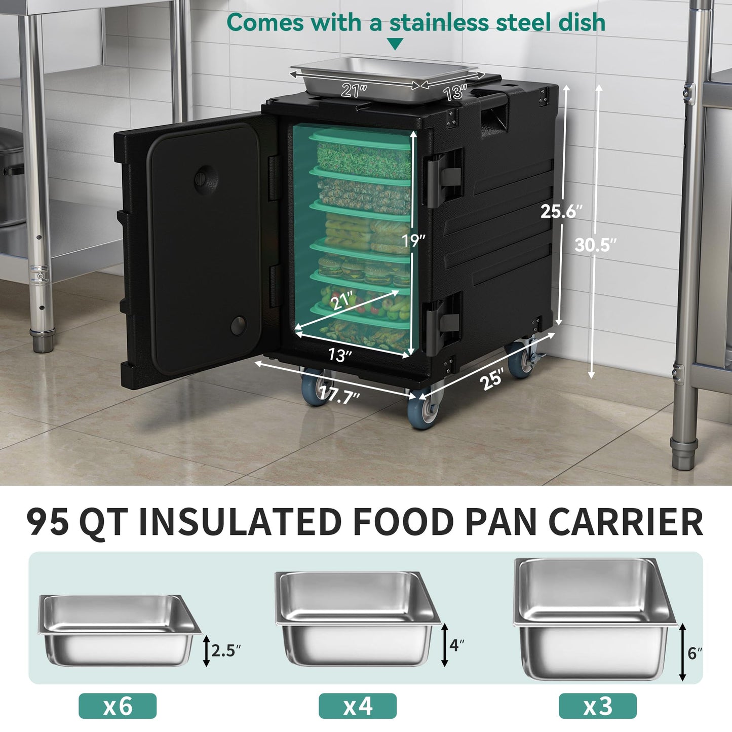 YITAHOME Insulated Food Pan Carrier, 2pcs 95 Qt LLDPE Hot Boxes for Catering w/Stainless Steel Pan, Catering Food Warmer for 6 Full-Size Pans, Stackable Design for Restaurant Family Gathering
