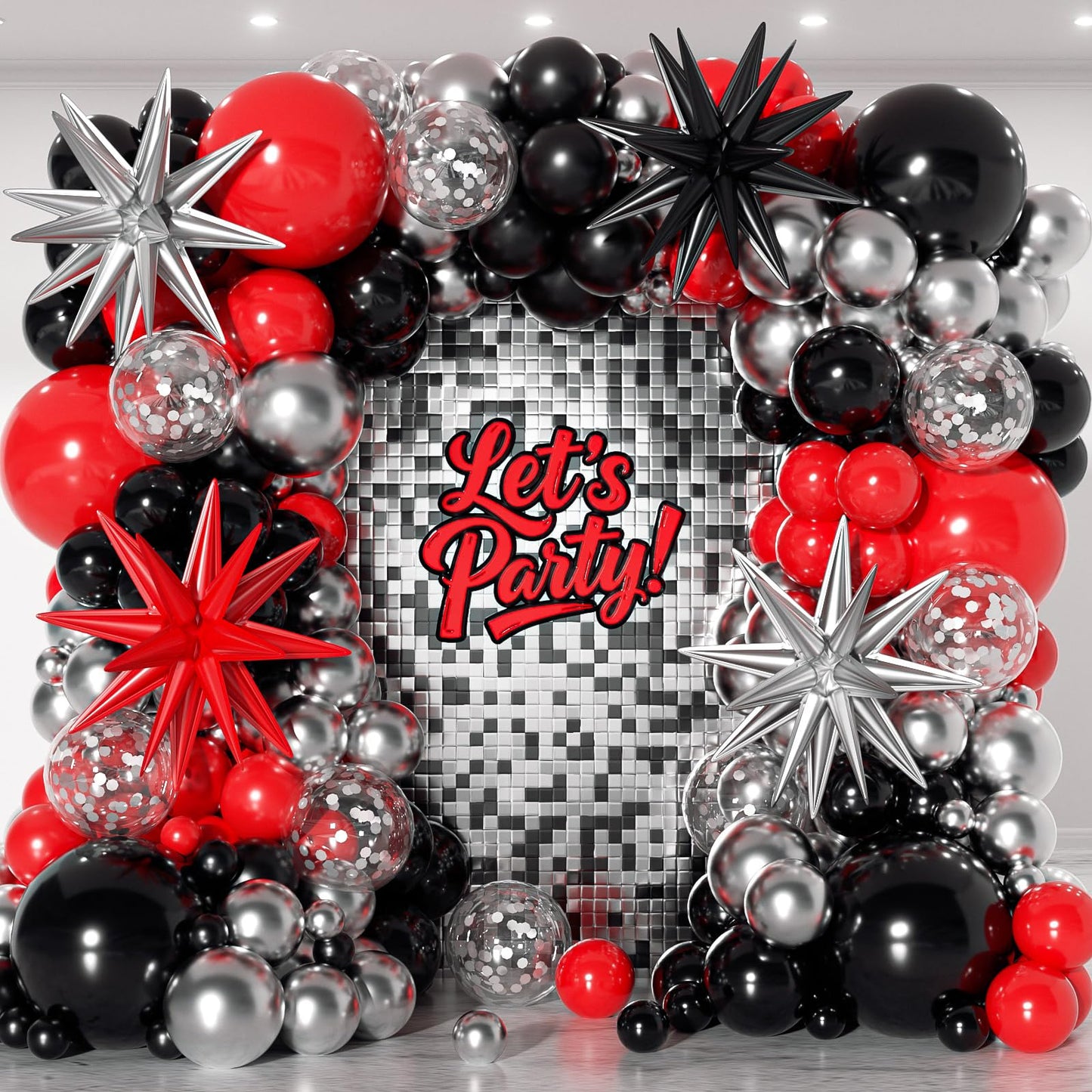 PTGOLUO 153Pcs Red and Black Silver Balloons Garland Arch Kit with Stars -22 18 12 10 5 inch Different Size Red Black Metallic Silver Balloon for Birthday Graduation Racing Car Poker Party Decorations