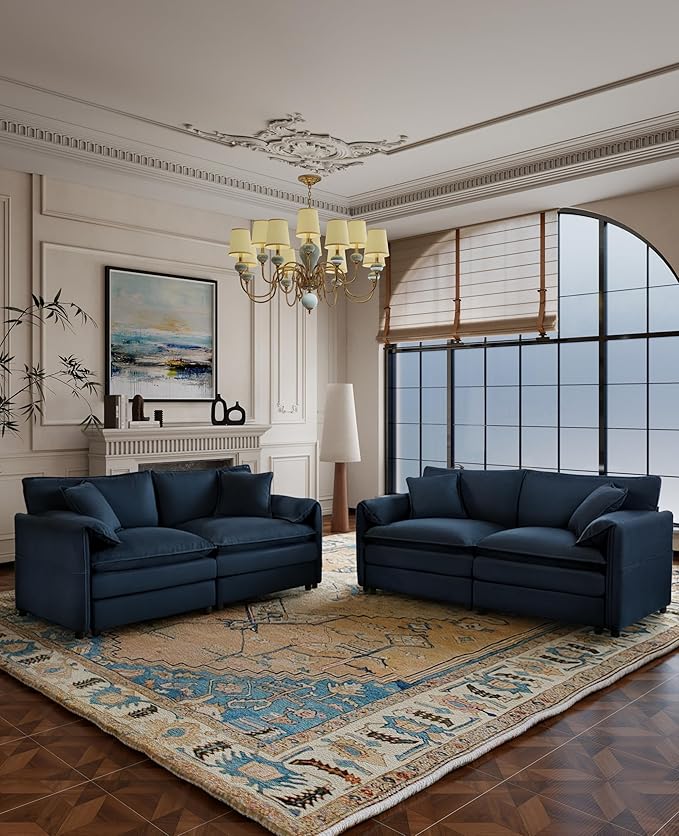 RENDGO Modular Sectional Sofa Sets,2 Pieces Chenille Sectional Loveseat Sofas,Deep Seat Comfort,4-Seater Comfy Couch for Living Rooms & Apartment, Guest Rooms,Blue