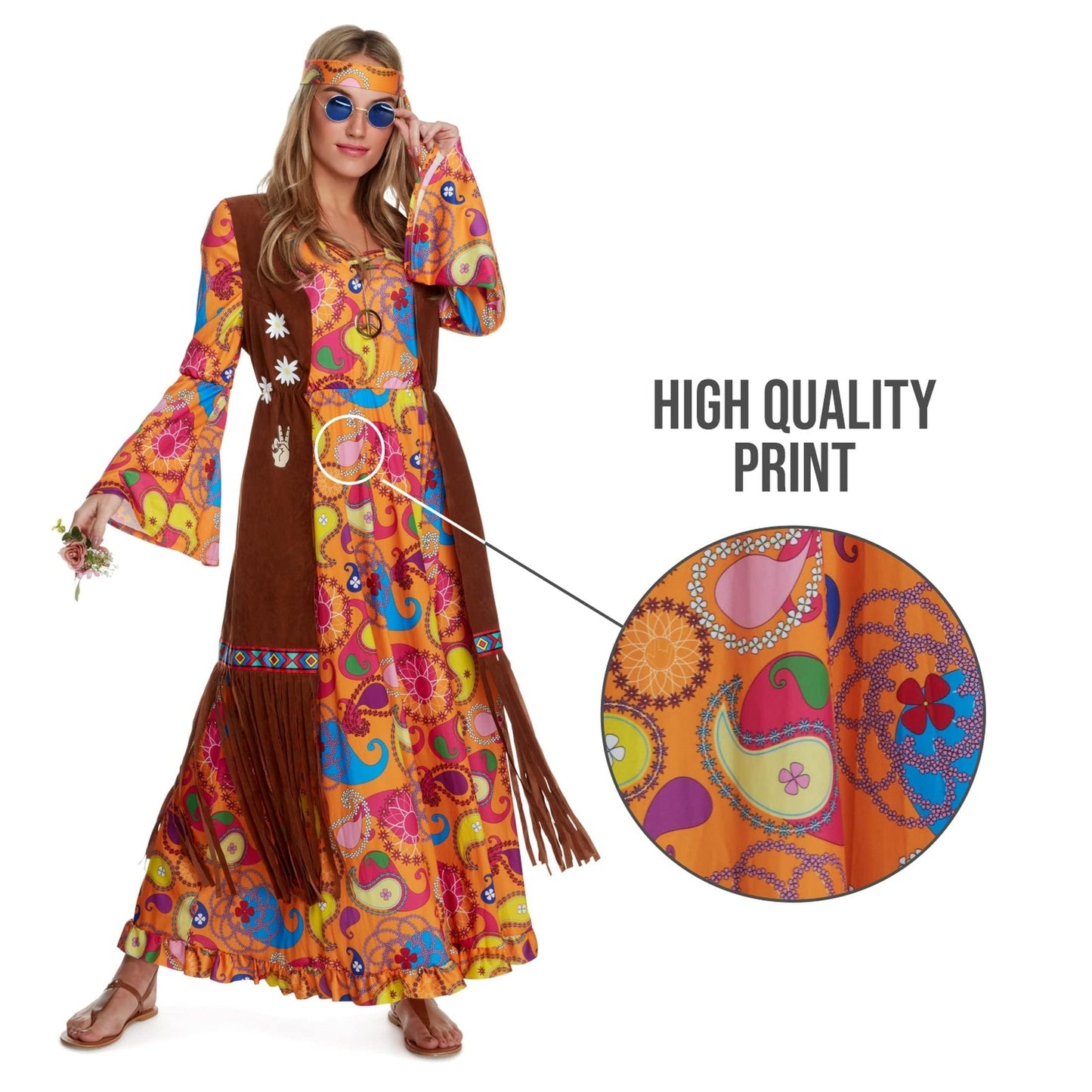 Morph 70s Costume For Women, Hippie Costume For Women, 70s Long Dress, Womens 60s Halloween Costumes, Large