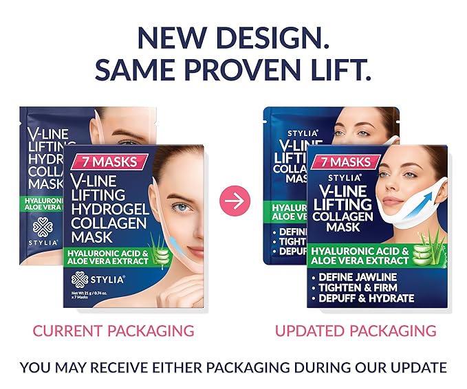 Stylia V Line Lifting Collagen Mask - Lift, Firm & Contour Jawline - Tightening Double Chin Strap with Hyaluronic Acid & Aloe - Neck Tightening and Lifting Mask - Jawline Shaper Face Lift Tape (7PC)