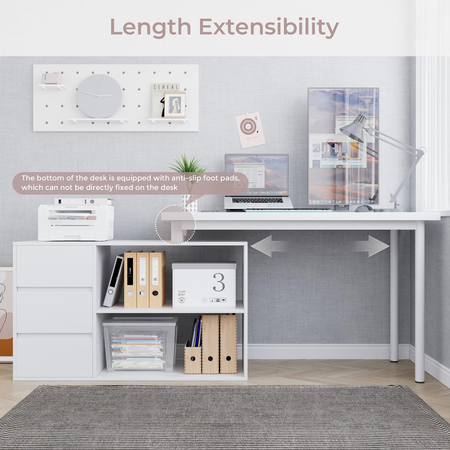Jiaoun Home Office Computer Desk Corner Desk with 3 Drawers and 2 Shelves, 53-inch L-Shaped Study Desk with Storage, White