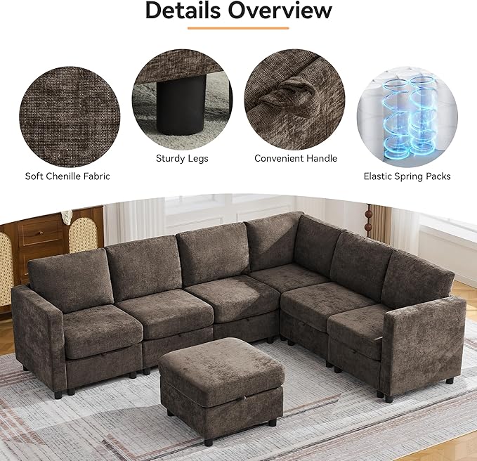 104'' V Shaped Modular Sofa, Sectional Couch with Storage for Living Room, Modern 7 Seater Cloud Sectional Couch with Movable Ottoman, Chenille Brown