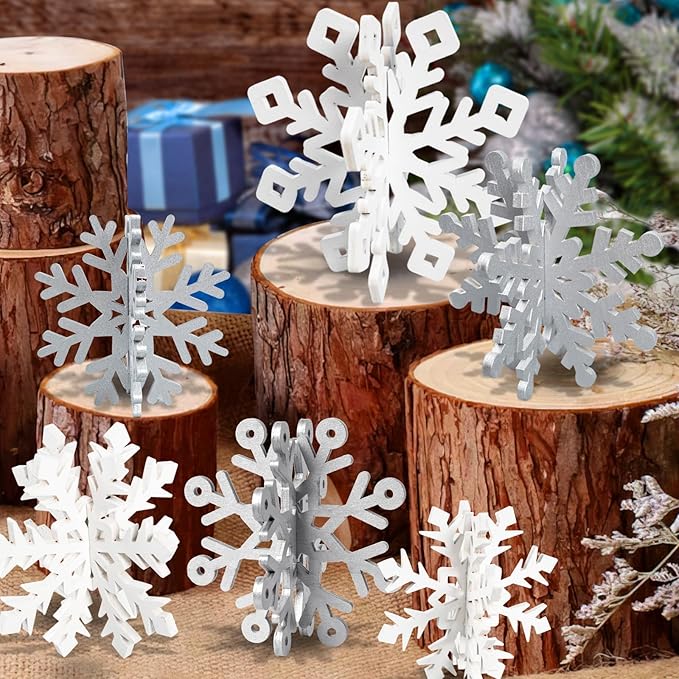 OuMuaMua 12 Set Winter Christmas Centerpiece Table Decorations - 24pcs Wooden Snowflakes Decor 3D Silver White Snowflake T...