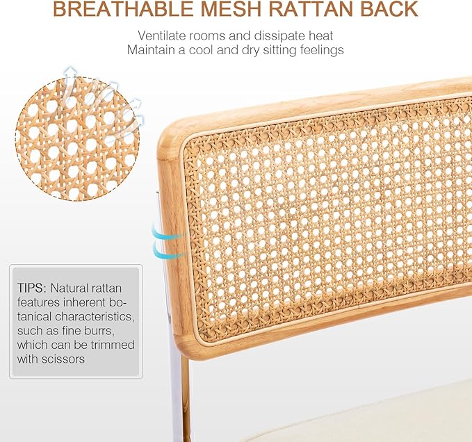 Zesthouse Natural Rattan Dining Chairs Set of 6, Mid Century Cane Dining Room Chairs with Solid Wood Back & Chrome Base for Kitchen, Breuer Design Inspired, Upholstered Linen Fabric, Beige