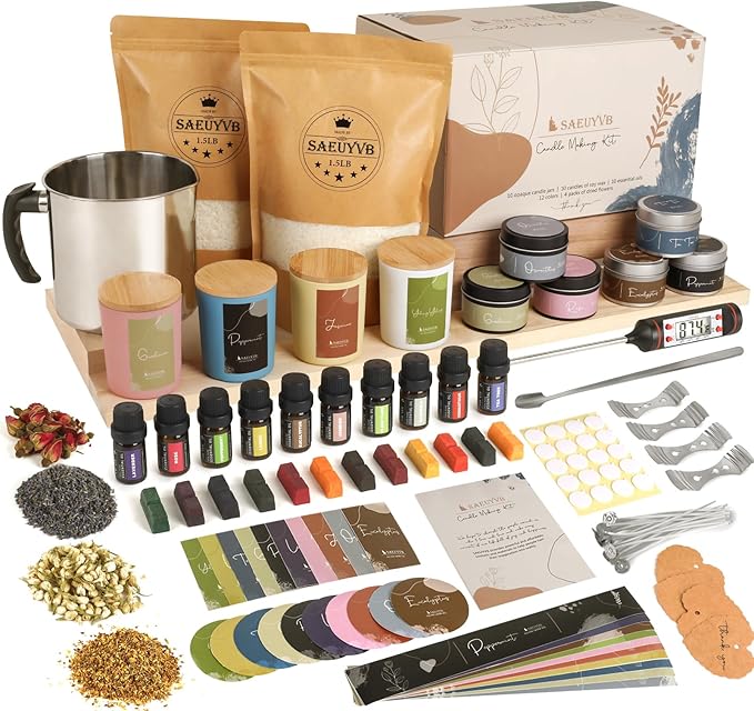 SAEUYVB Candle Making Kit - DIY Starter Soy Candle Making Supplies/Kit - Soy Wax, 10 Jars & Tins, 10 Pleasant Scents, Colo...
