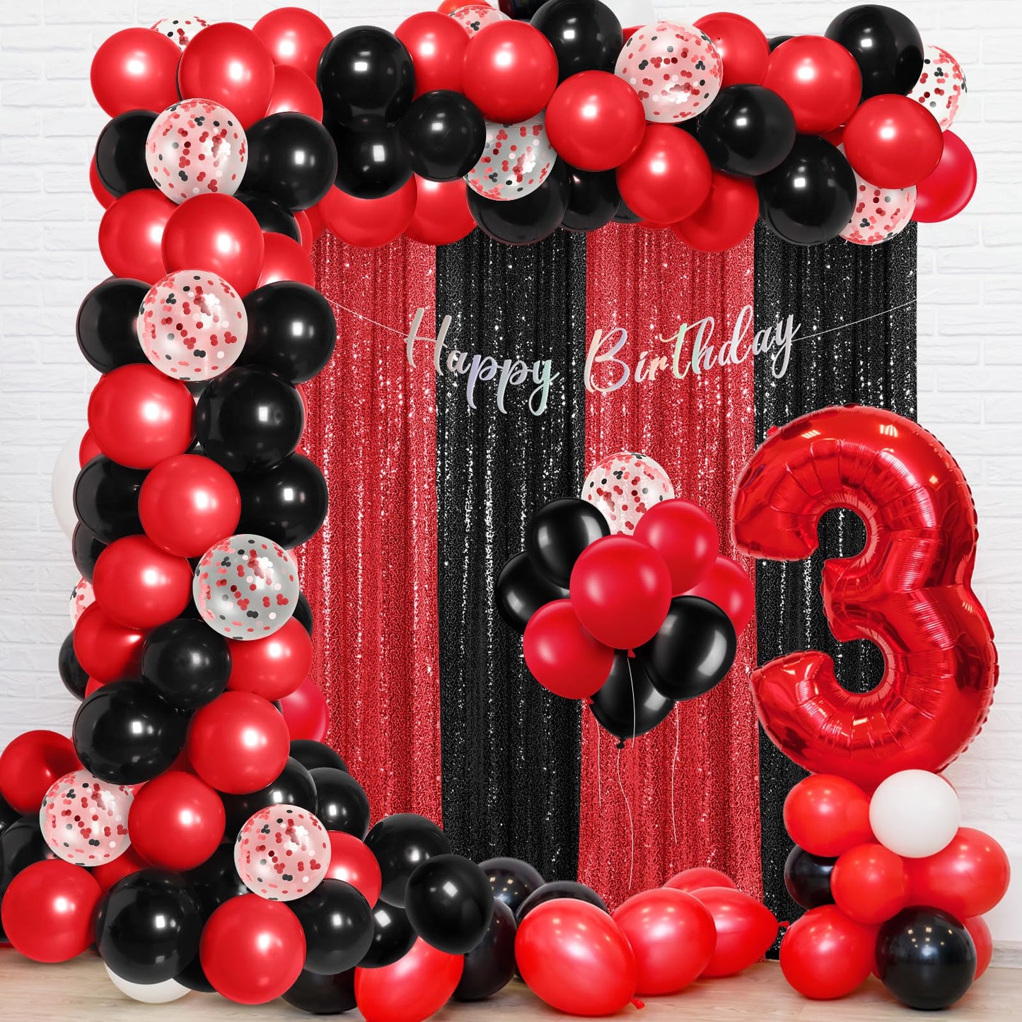 SmoothNovelty 137 Pcs Red Black Backdrop Kits 4 Sequin Backdrop Curtain 133 Balloon Garland Kit Photo Prop Background for Anniversary Birthday Halloween Christmas Movie Night Car Party Decoration