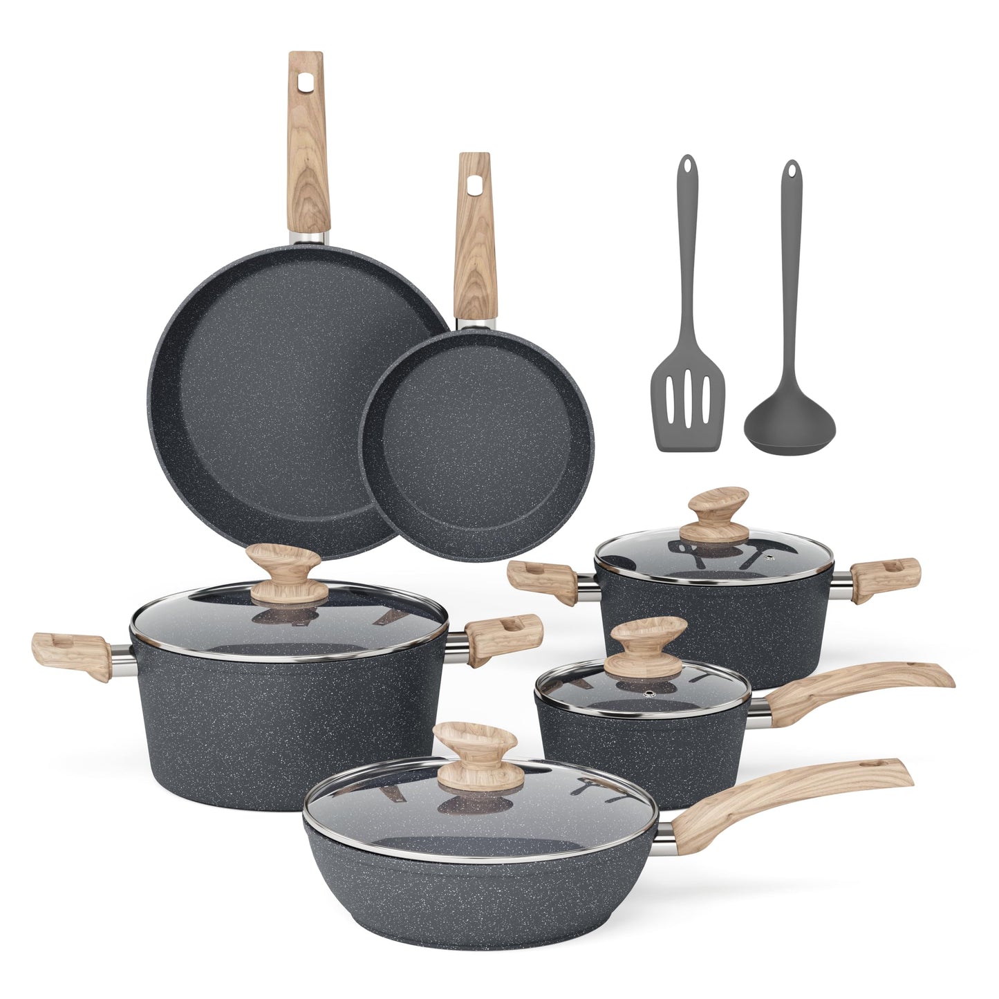 MAISON ARTS Pots and Pans Set Non Stick, 12 Piece Grey Granite Kitchen Cookware Induction Compatible, Pot and Pan Sets for Cooking Nonstick