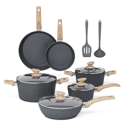 MAISON ARTS Pots and Pans Set Non Stick, 12 Piece Grey Granite Kitchen Cookware Induction Compatible, Pot and Pan Sets for Cooking Nonstick