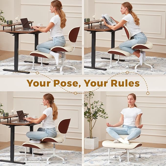 EROMMY Criss Cross Chair with Wheels Retractable footrest, Wide and Thickened ADHD Chair, Ergonomic Cross Legged Kneeling Desk Chairs for Meditation Yoga, Beige & Brown