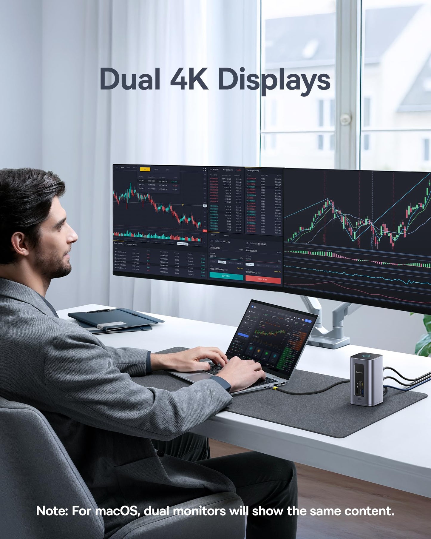 Baseus Docking Station Dual Monitor, Nomos Win Air(12 in 1) Laptop Dock, 2*4K HDMI, 10Gbps USB Ports, 1Gbps Ethernet, PD 100W(No Power Adapter), USB C Docking Station for Dell/HP/Lenovo/Asus/Acer/Mac