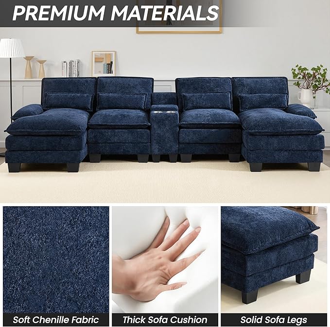 125" U Shaped Cloud Modular Sectional Couch for Living Room, Small Comfy Sherpa Sofa with Double Chaise Lounge, Storage Central Console, Cup Holders, USB Port, Navy