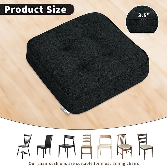 GOFORIT Chair Cushions Set of 2,Tufted Shredded Memory Foam Chair Pads, Non-Slip Seat Cushions with Removable Cover, 16'' x 16'', 2Pack,Black