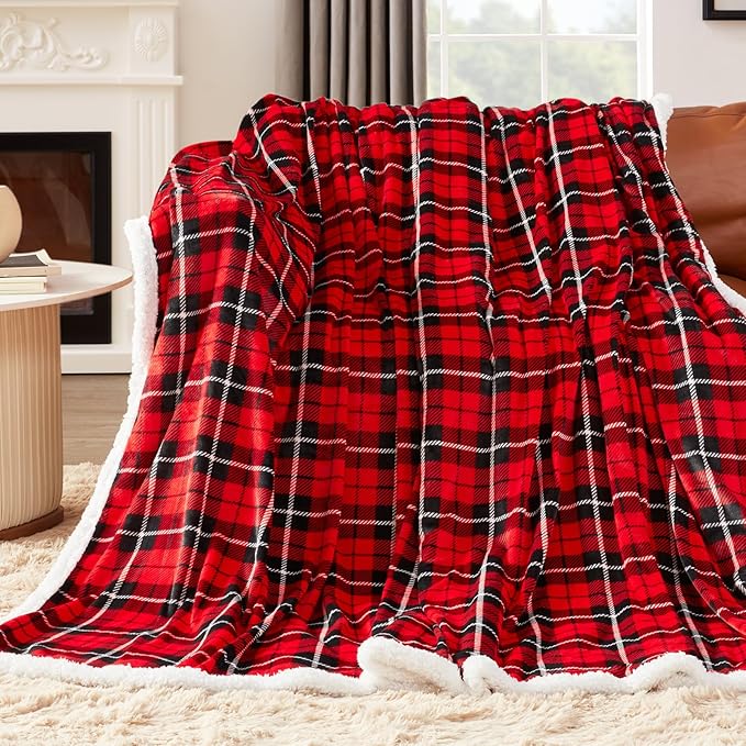 OCTROT Sherpa Fleece Blanket,Checkered Red Throw Blanket for Women Mom Girls Grandma Dad, Soft Winter Warm Plaid Thick Bla...