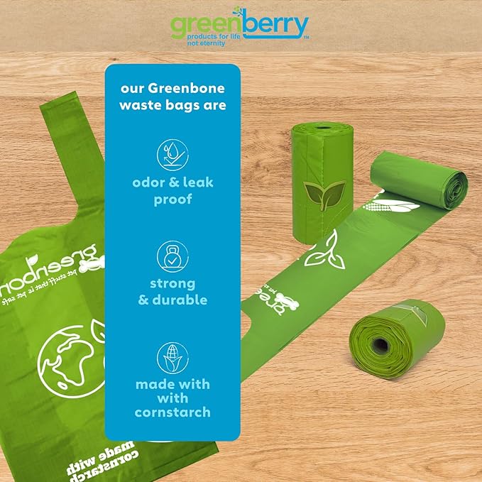 Greenbone BioBase Cat or Dog Poop Bags Rolls with Handle Tie, Large Leak Proof- 12 Rolls -144 refills