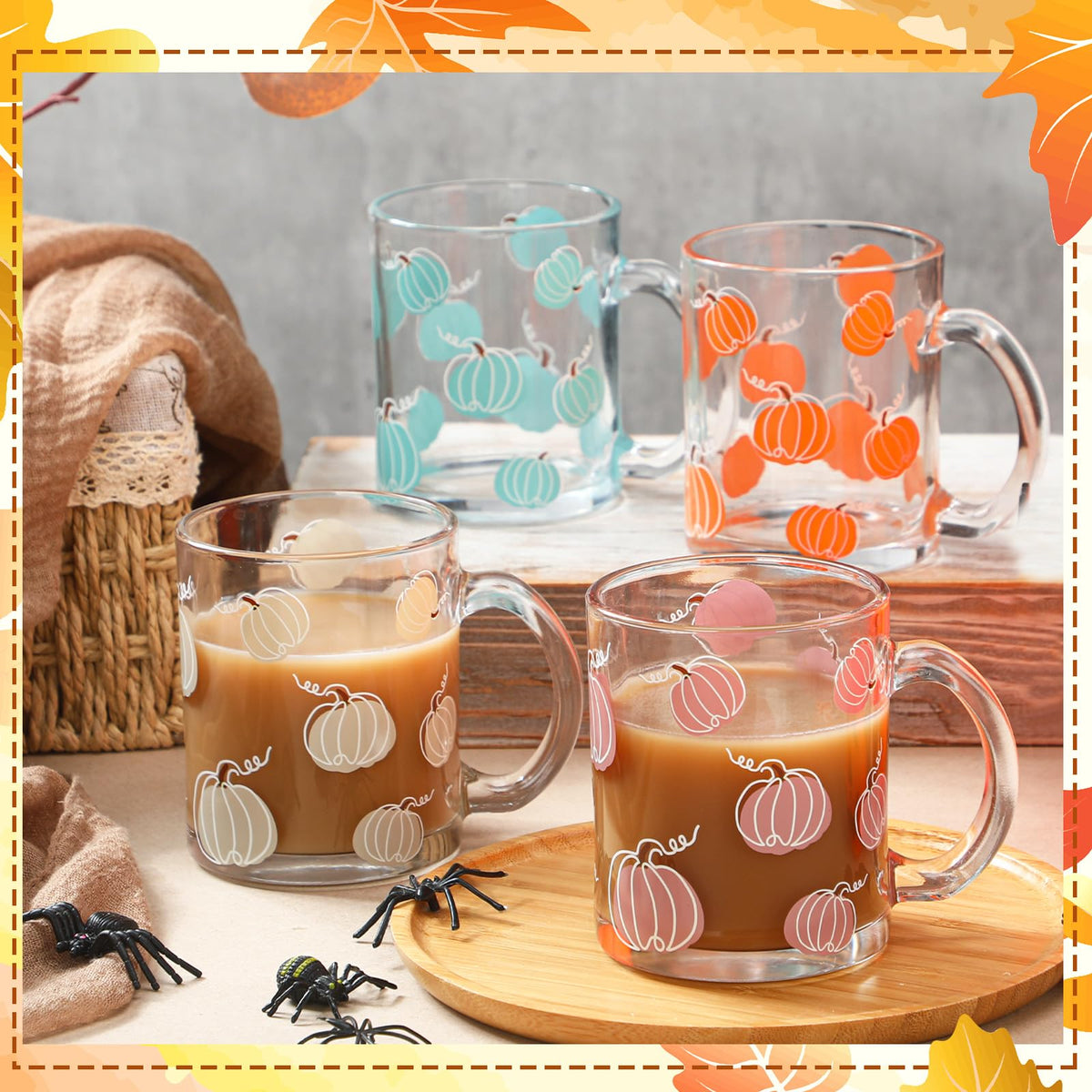 RimCereal 4 Pcs Thanksgiving Fall Glass Coffee Mugs with Handle Pumpkin Mug Cute Pumpkin Coffee Cups Autumn Harvest Fall Glass Cup for Drinking Beverage Tea Milk, 12oz