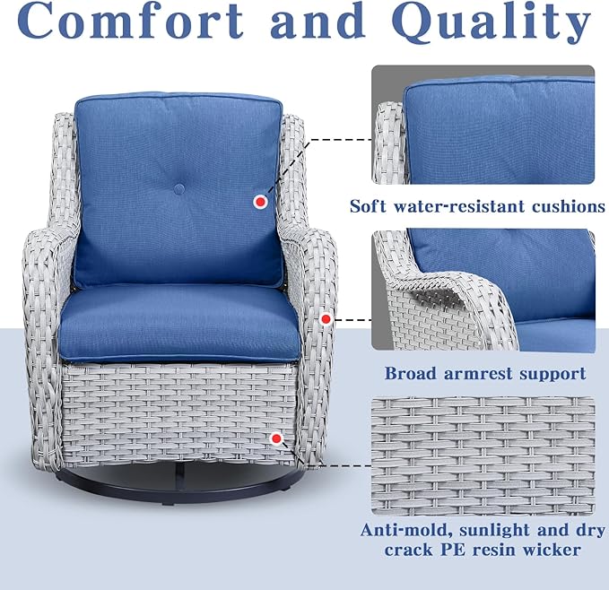 Belord 5 Piece Outdoor Patio Furniture Set - Patio Wicker Furniture Conversation Set, Outdoor Swivel Rocker Chairs with Loveseat Sofa and 2 Ottomans for Small Space, Blue Cushion