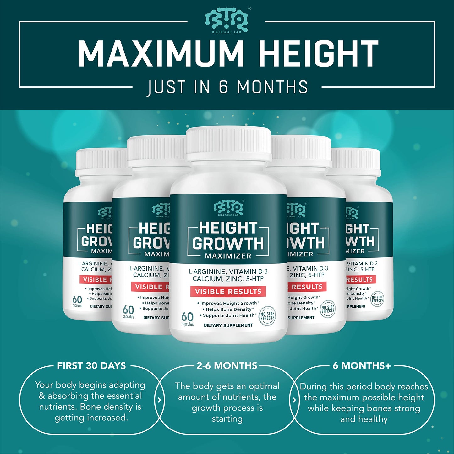 BIOTEQUELAB Height Growth Maximizer, Calcium, Vitamin D3 and Zinc Blend Pills, Bone Growth Supplement for Kids and Teens, Bone Strength, Density Support, GMO-Free, Gluten-Free, Made in USA, 60 Caps