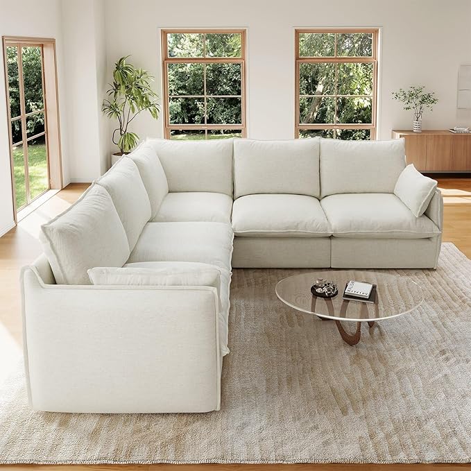 Forest aesthetics Cloud Modular Sectional,V Shape 5 Seater Waterproof High Backrest Sectional Sofas,Down Filled Modular Couch with Removable Washable Cover for Living Room,Cream White