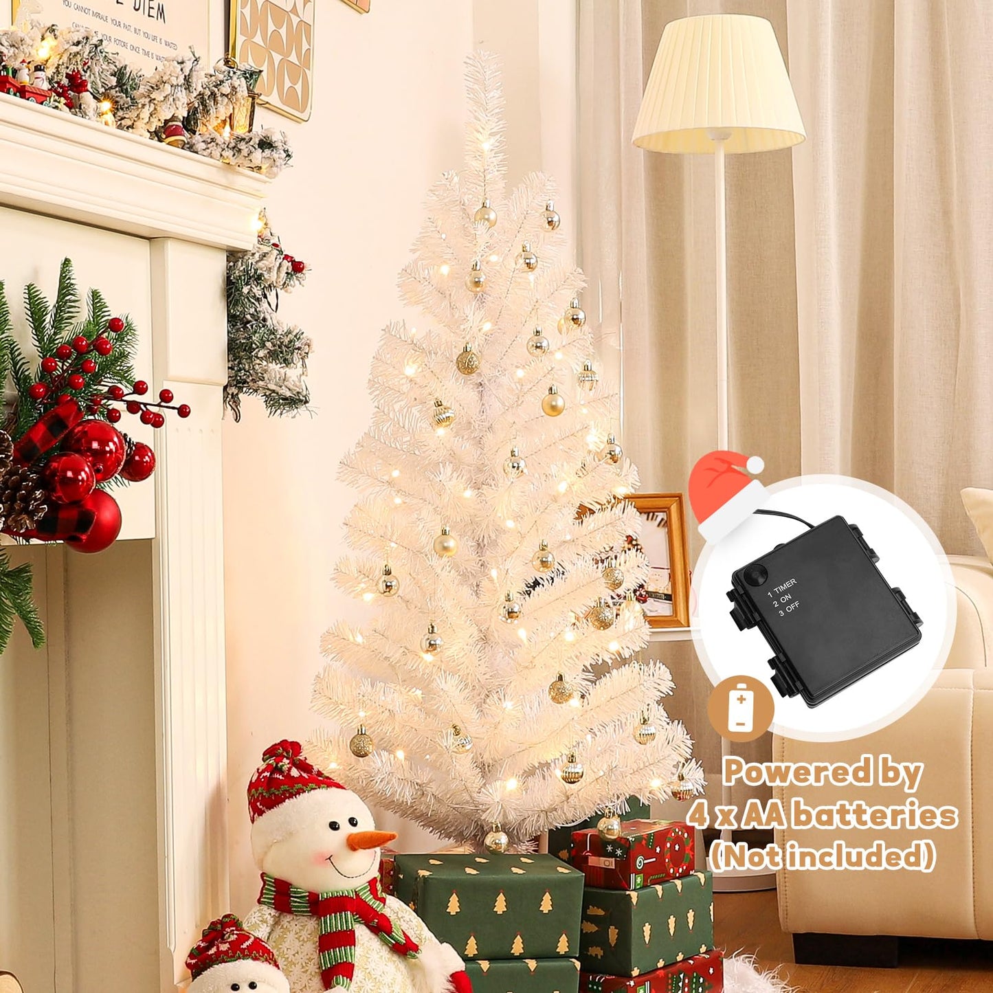 Decoway Pre-Lit Artificial Christmas Tree, 4ft Slim White Tinsel Christmas Tree with Warm White LEDs, Battery Operated - Includes Stand, Fire Retardant PVC for Small Spaces, Home Indoor Decoration