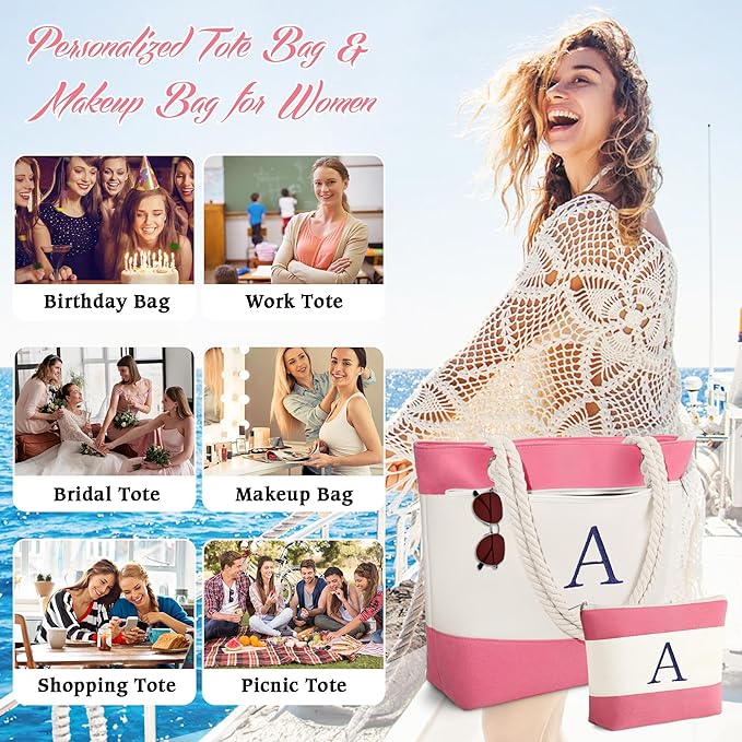 YOOLIFE Beach Bags for Women - Initial Canvas Tote Waterproof Bag with Makeup Bag Gifts for Women Mom Friend Birthday Her