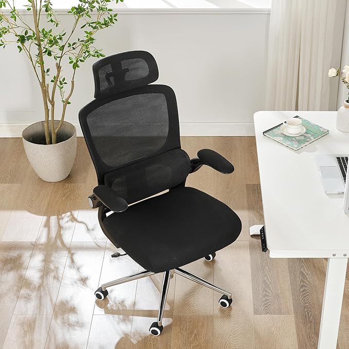 BOWTHY Ergonomic Office Chair,Home Mesh Office Desk Chairs,High Back Chair 330 LBS,Swivel Computer Task Chair with Adjustable Lumbar Support,Up&Down Flip-Up Arms,Rocking Function (Black)