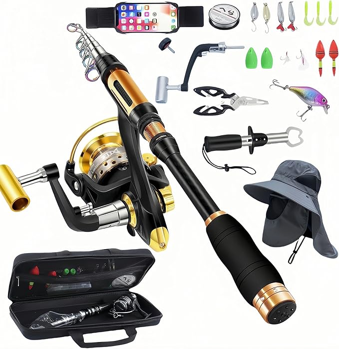 BNTTEAM Portable Fishing Spinning Rod and Reel Combo Set Carbon Fiber Fluorescent Rod Tip, with Fishing Lures Line Carrier...
