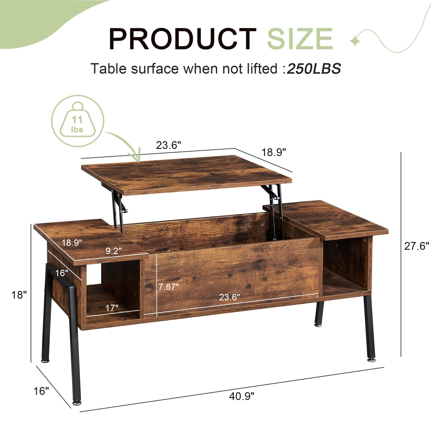 VECELO Wood Lift Top Coffee Table with Hidden Compartment and Storage Shelf for Living Room/Office Reception, Rising Tabletop, Brown