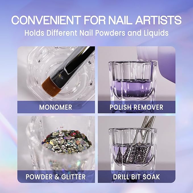 Beauticom Crystal Glass Dappen Dish for Acrylic Nail Dip Powder, Monomer, and Nail Polish Remover (Octagon Shape, 4 Pieces)
