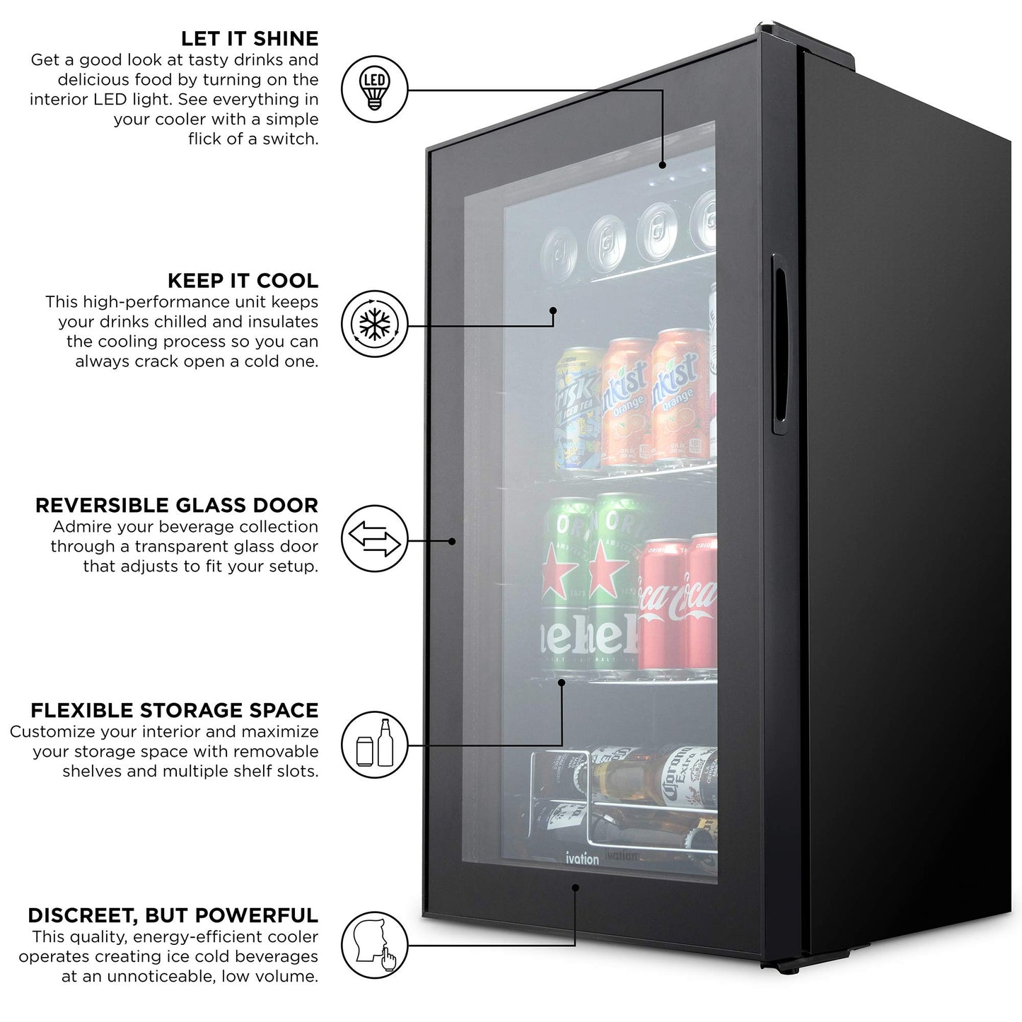 Ivation 101 Can Beverage Refrigerator , Freestanding Ultra Cool Mini Drink Fridge , Beer, Cocktails, Soda, Juice Cooler for Home and Office , Reversible Glass Door and Adjustable Shelving - Black,IVABC1010B