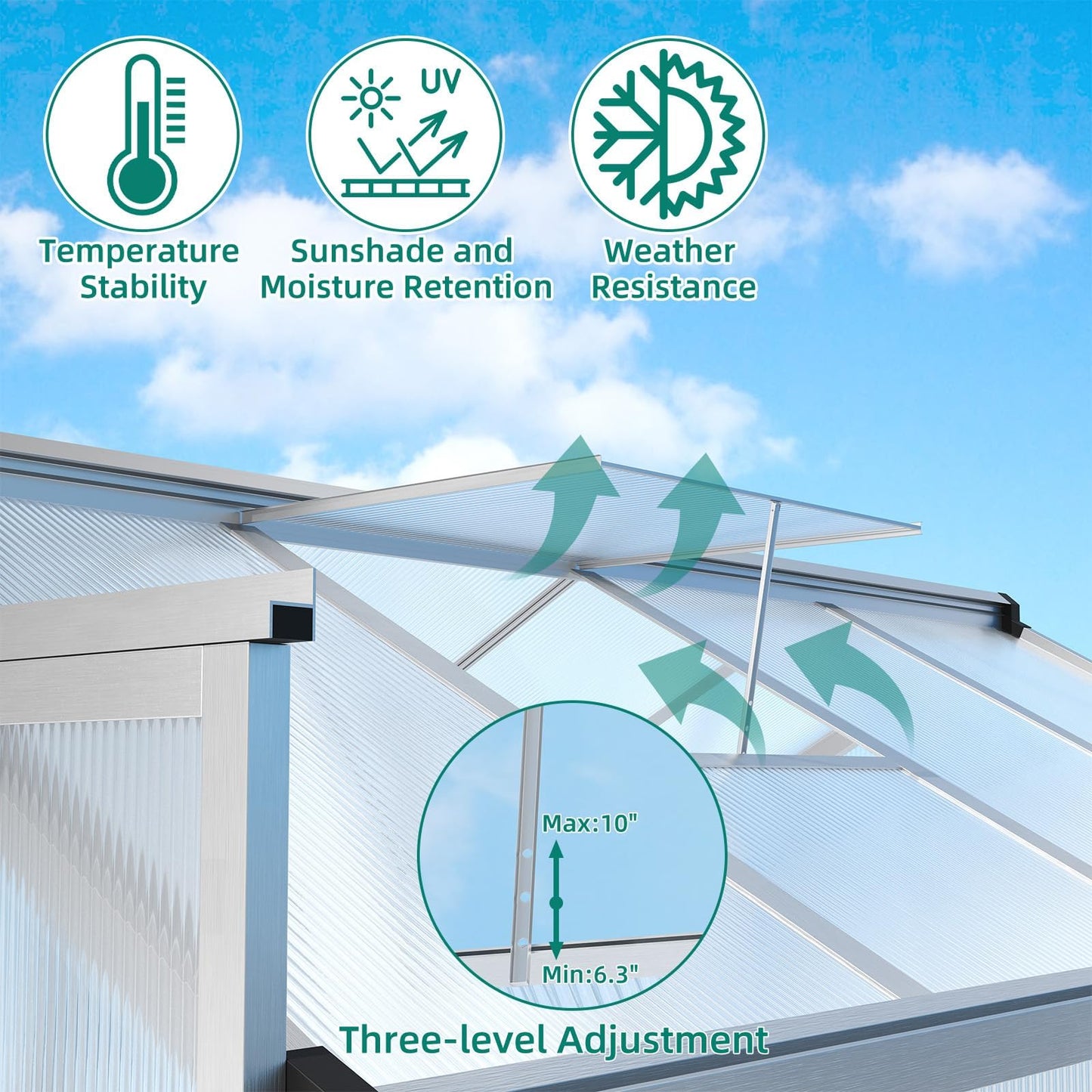 GAOMON 6 x 8 ft Greenhouse, Greenhouses for Outside, Polycarbonate Greenhouse with Aluminum Frame, Lockable Door, Adjustable Roof Vent, and Patio Garden Backyard Use, Silver