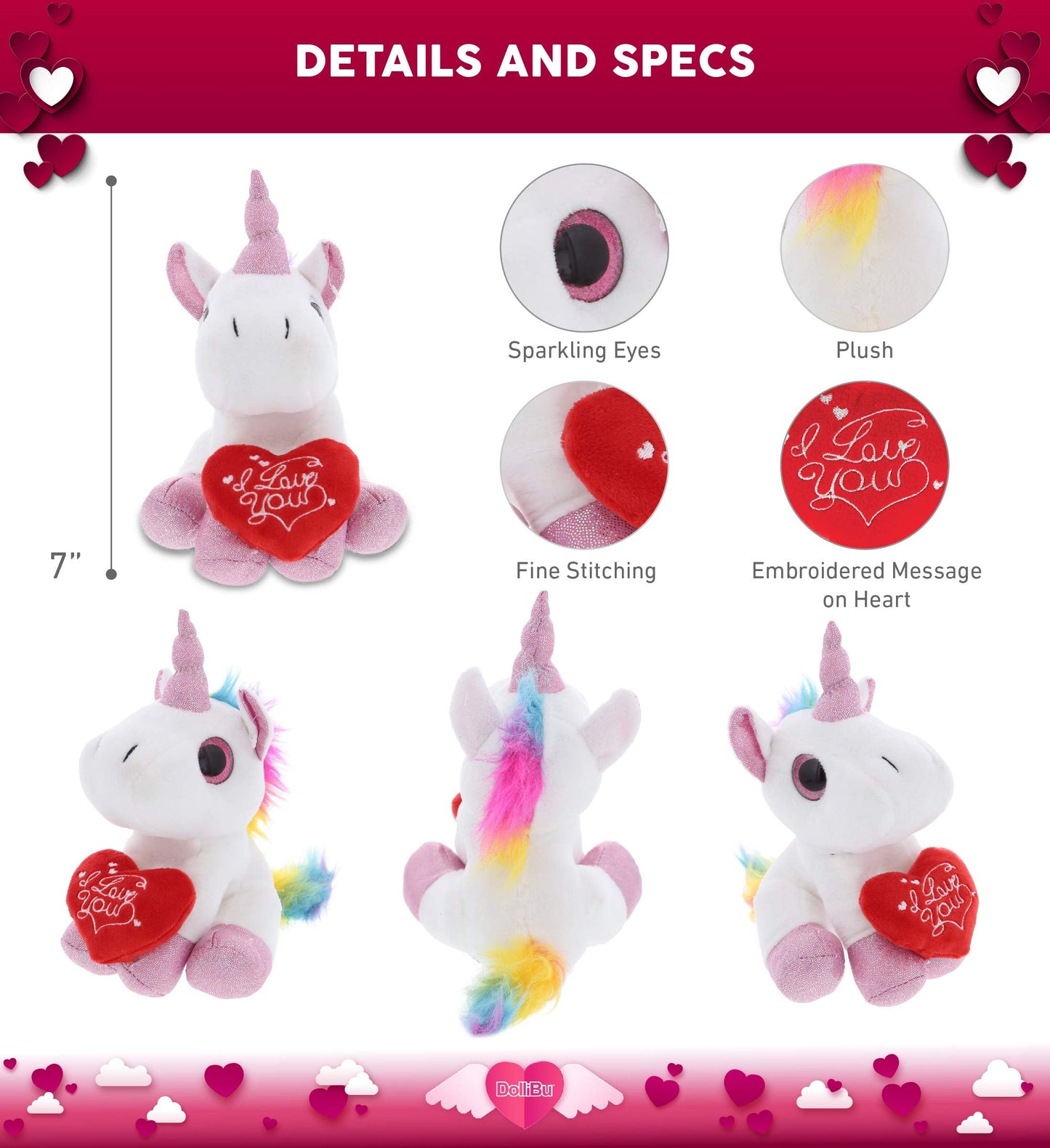 DolliBu I Love You Valentine Plush White Unicorn - Cute Stuffed Animal with Red Heart and Name Personalization Gift for Valentine's Day, Birthday, Anniversary, Romantic Date - 7 Inches