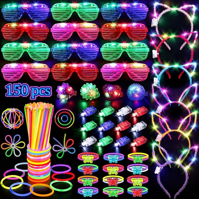 150PCS Glow in the Dark Party Supplies for Kids Adults, Light Up Party Favors with Light Up Glasses, Headband, Rings, 100 ...