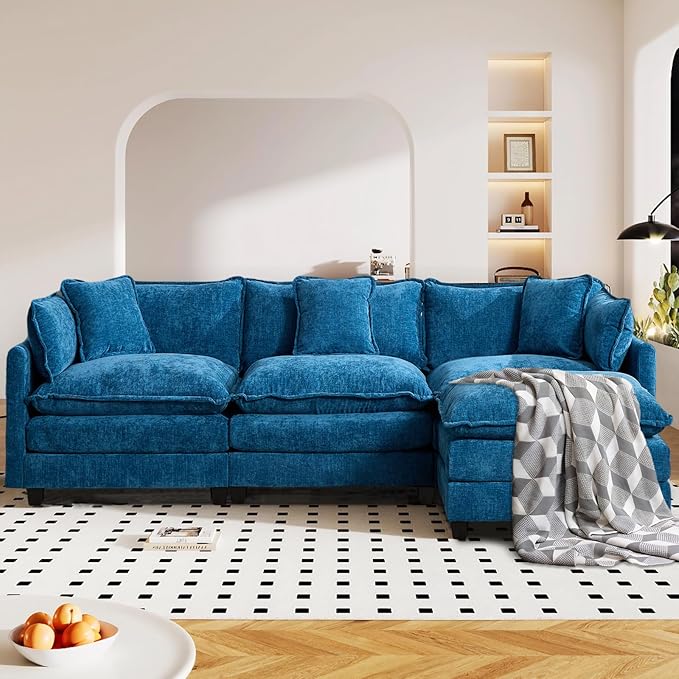 SoarFlash 113.78" Chenille Sectional Sofa, Comfy L Shaped Modular Coush Sofa with Ottoman, Modern 4 Seat Couch Deep Seat Sofa Set for Living Room,Blue