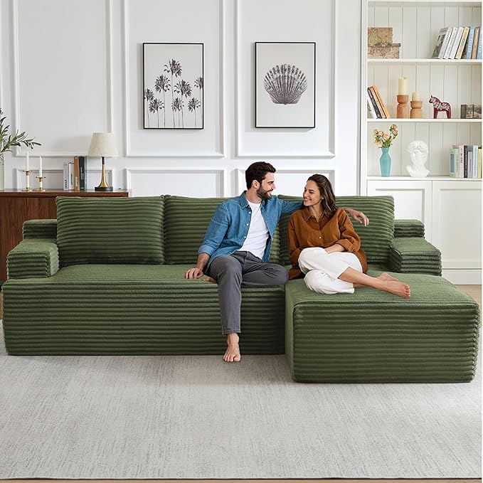 96" Cloud Sectional Couch with L-Shape Chaise, Modern Corduroy Boneless Couch for Living Room,Memory Foam Sofa with Deep Seat,No Assembly Required (Green,Right-Facing Chaise)
