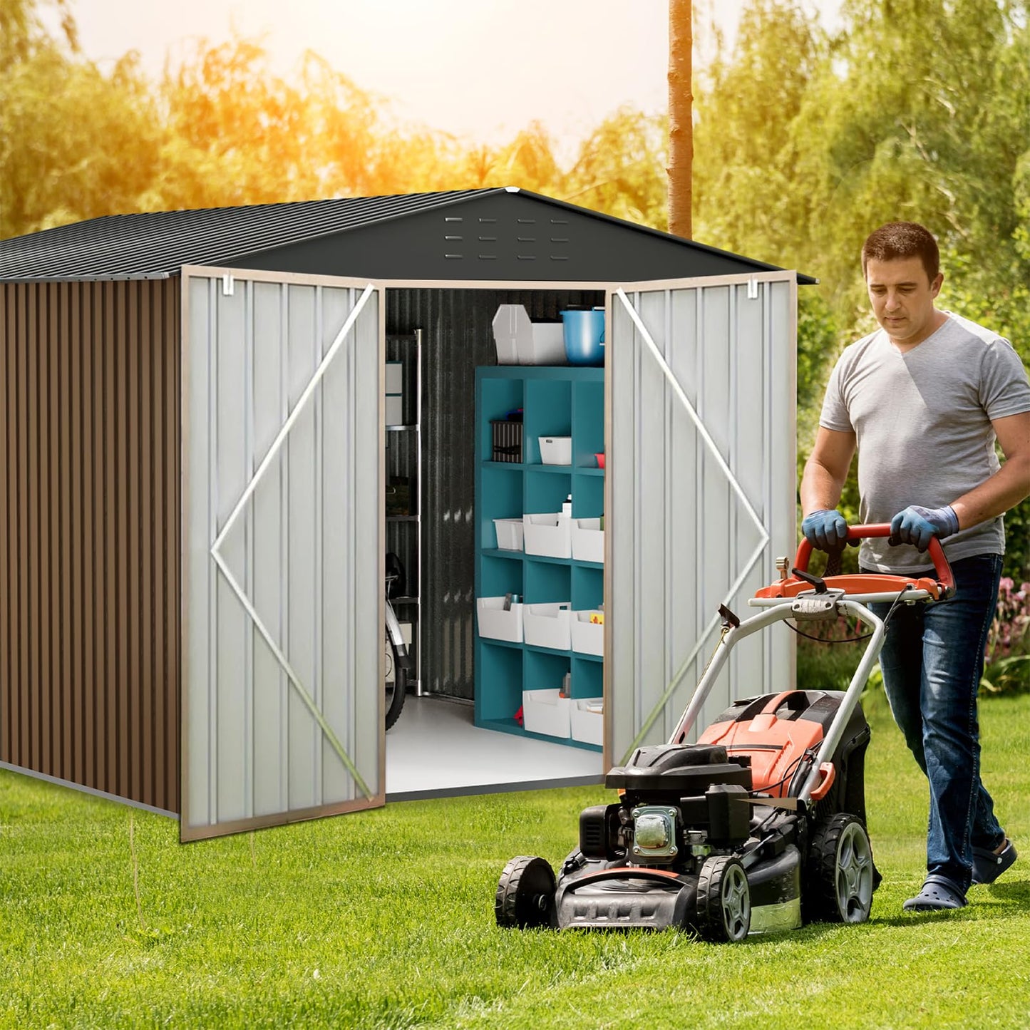 Outdoor Metal Storage Shed, 10x12ft Galvanized Steel Garden Tool Shed with Lockable Doors, Extra Large Outdoor Storage Sheds for Patio Lawn Backyard Outside Use, Brown