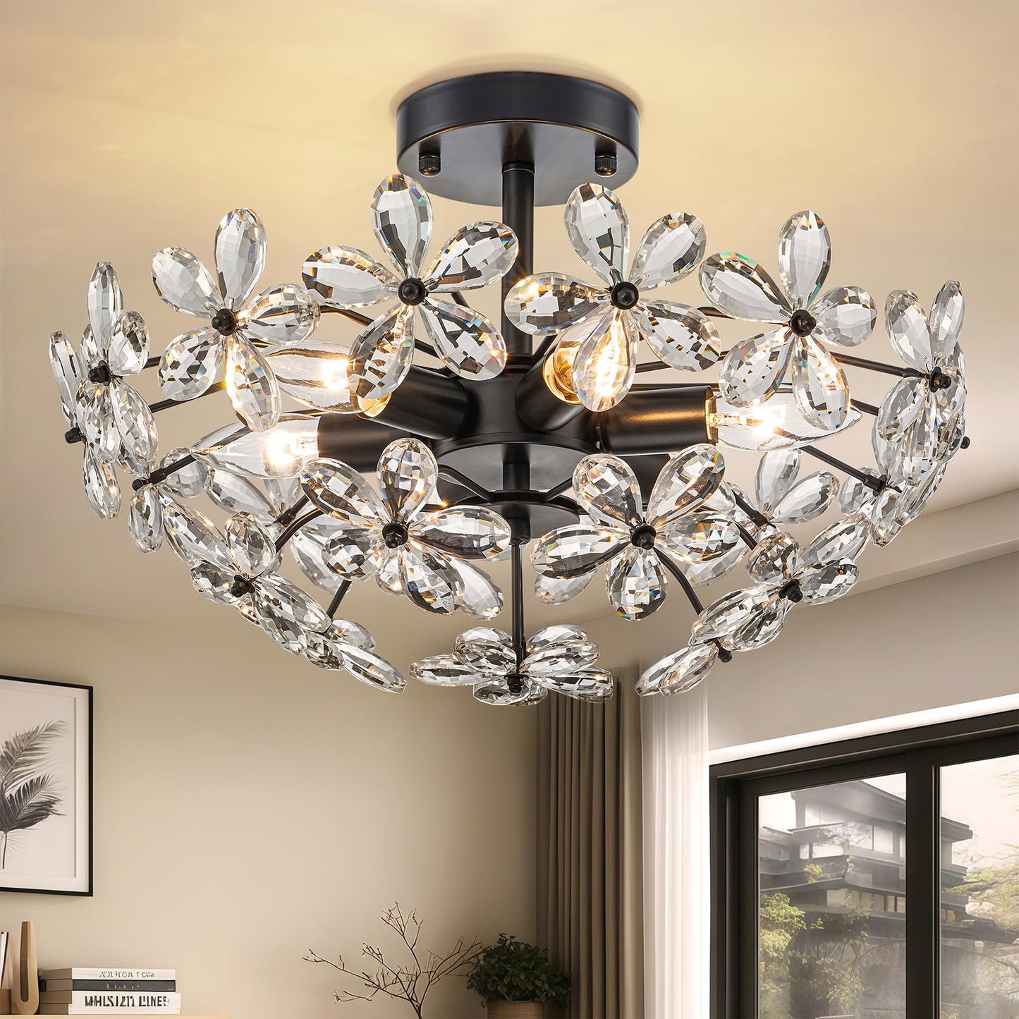 LOZOHOM Black Flower Ceiling Light,Crystal Closet Ceiling Light Fixtures,17.7" 6-Light Modern Flush Mount Chandelier for Bedroom Dining Room Hallway Living Room Entryway Foyer