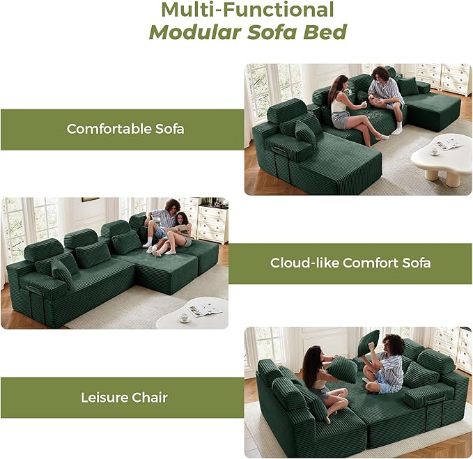 141" U-Shaped Cloud Modular Sectional Sofa with Chaise & Headrest, Boneless Deep Seat Plush Corduroy Couches for Large Living Room, No Assembly Required (Green, 141" U-shapred Chaise)