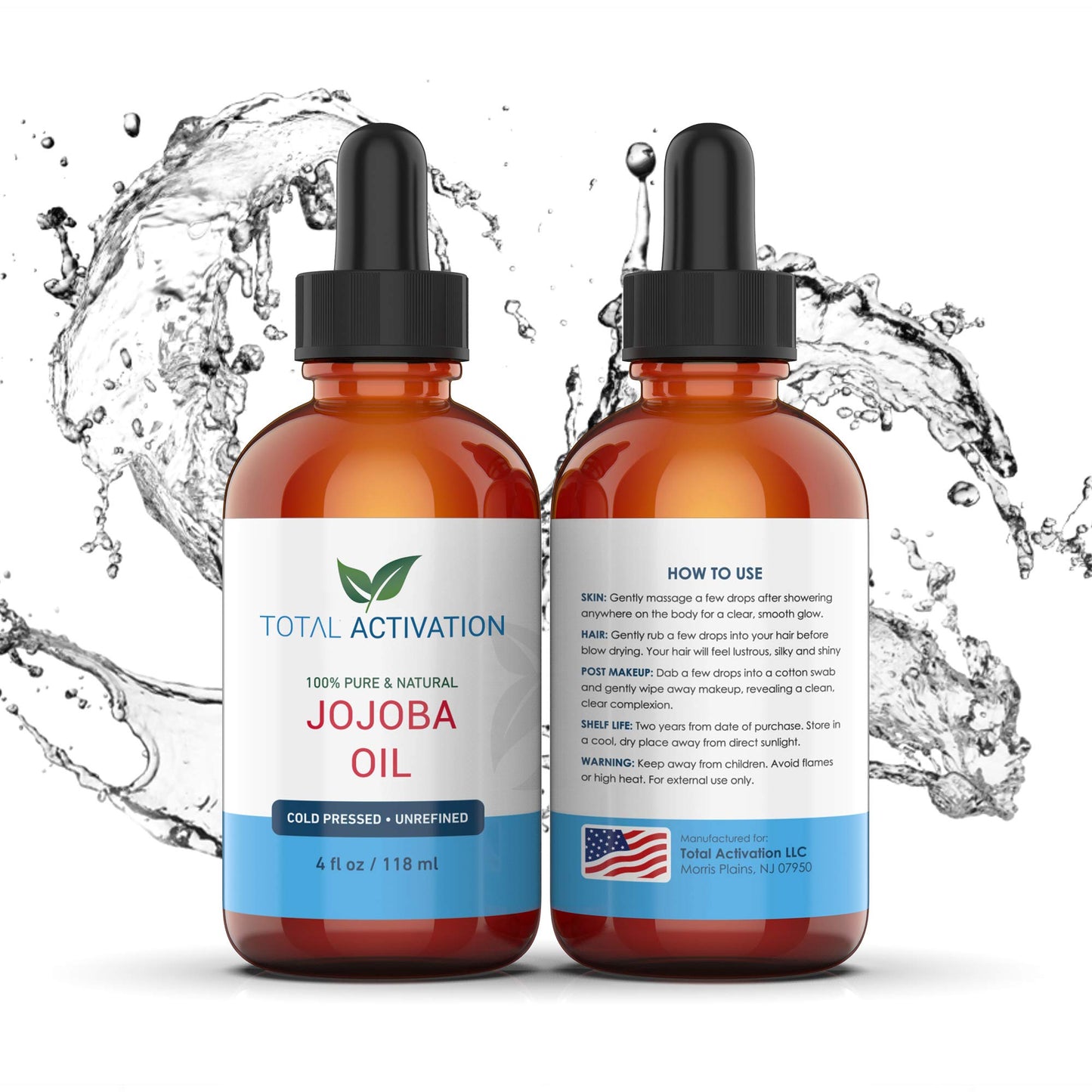 Total Activation Organic Jojoba Oil for Skin, Hair & Nails, 100% Pure Natural Unrefined Cold Pressed, Natural Face Moisturizer,