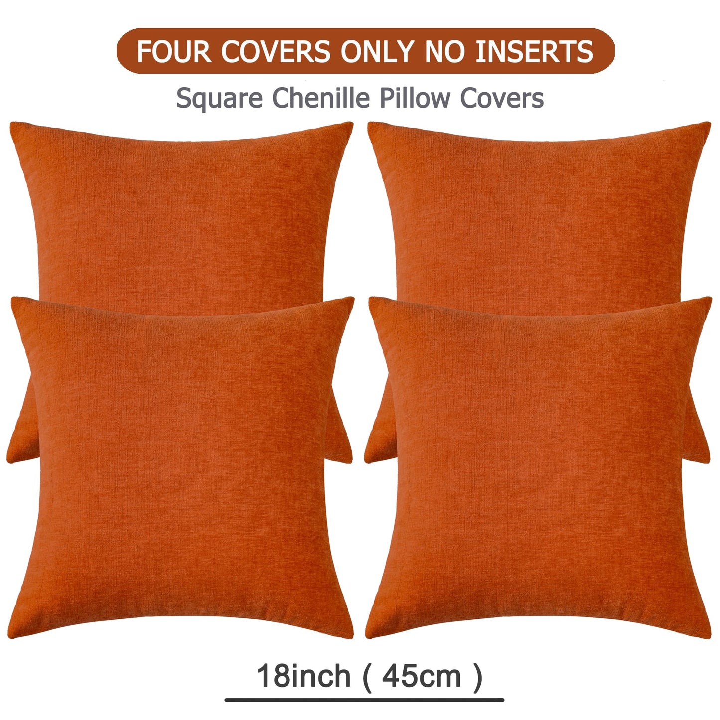 GAWAMAY Decorative Square Throw Pillow Covers 18"x18" Inch Set of 4, Super Soft Chenille Pillows Farmhouse Fall Pillowcase for Living Room Bedroom Sofa Couch Cushion Cover Burnt Orange 45x45cm