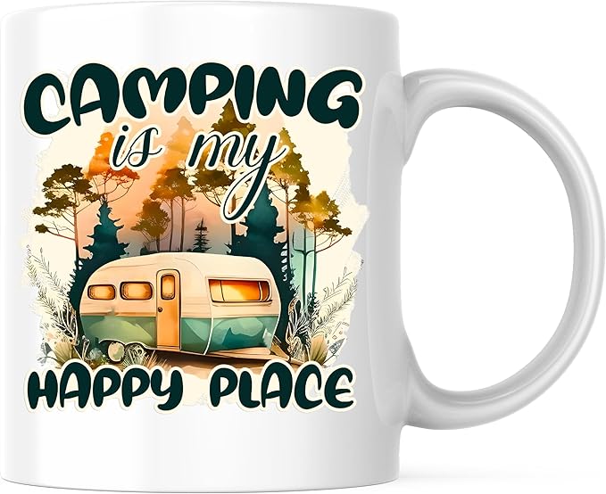 Bliss Monkey Co. Camping is My Happy Place Coffee Mug - Adventure Camper Mug - Outdoor Enthusiast 11 Ounce Coffee Cup - Pr...