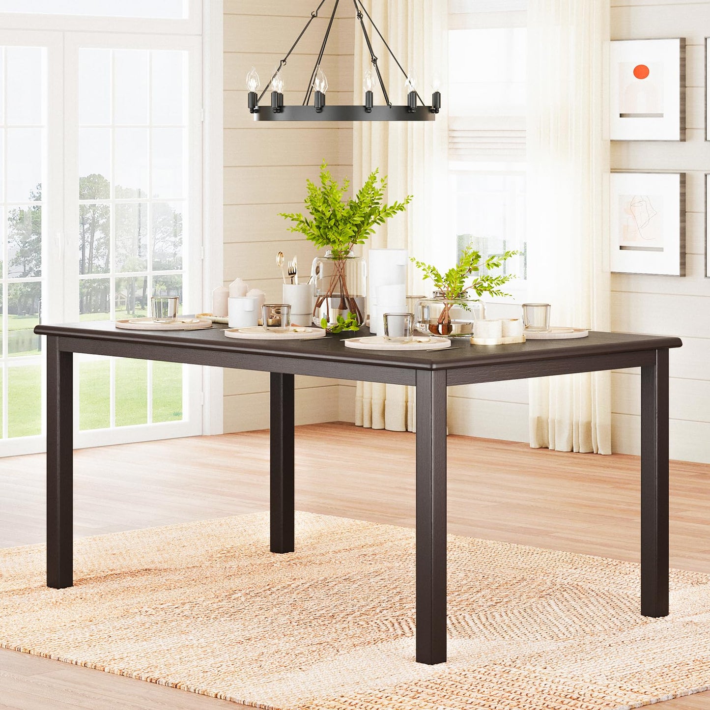 COLAMY Rectangle Wooden Dining Room Table Set for 6, Mid Century Modern Kitchen Table and PU Leather High Back Dining Room Chair for Home, Saving Space (1 Table with 6 Chairs), BlackBrown