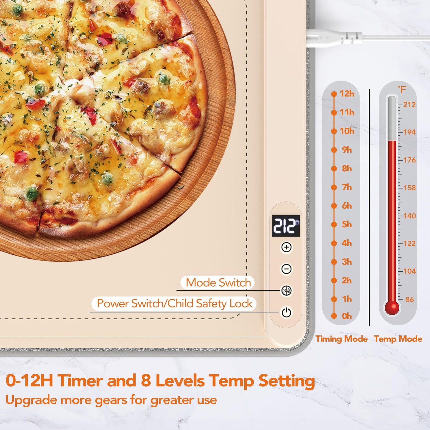 Warming Mat for Food, XXL 35"x16", Electric Warming Tray for Parties Buffet, Graphene 3S Rapid Full-Surface Heating Mat with 8 Level Adjustable Temp and 12 Hours Timer, Included Insulating Mat