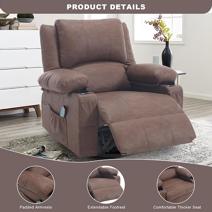 Comermax Massage Swivel Recliner with Heat, PU Leather Rocking Recliners Chair for Living Room, Modern Manual Recliner with Cup Holders, Overstuffed Single Sofa Chairs for Bedroom, Brown